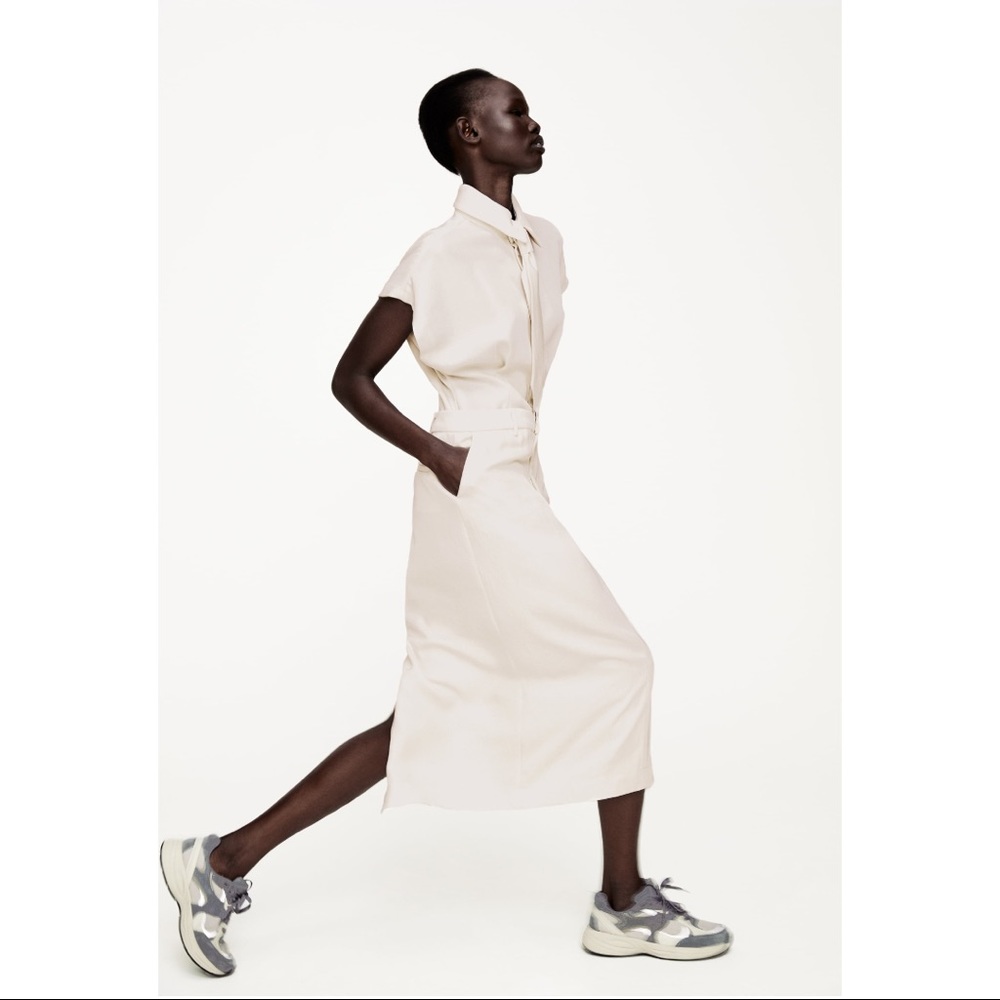 ZARA Limited Edition Tailored Layered Ecru Cream Corporate Midi Shirt Dress Tie - Picture 3 of 16